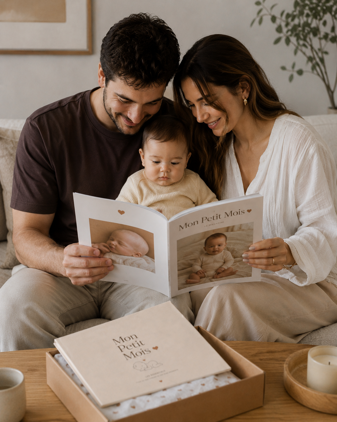Des parents feuillettent le magazine Mon Petit Mois avec leur bébé