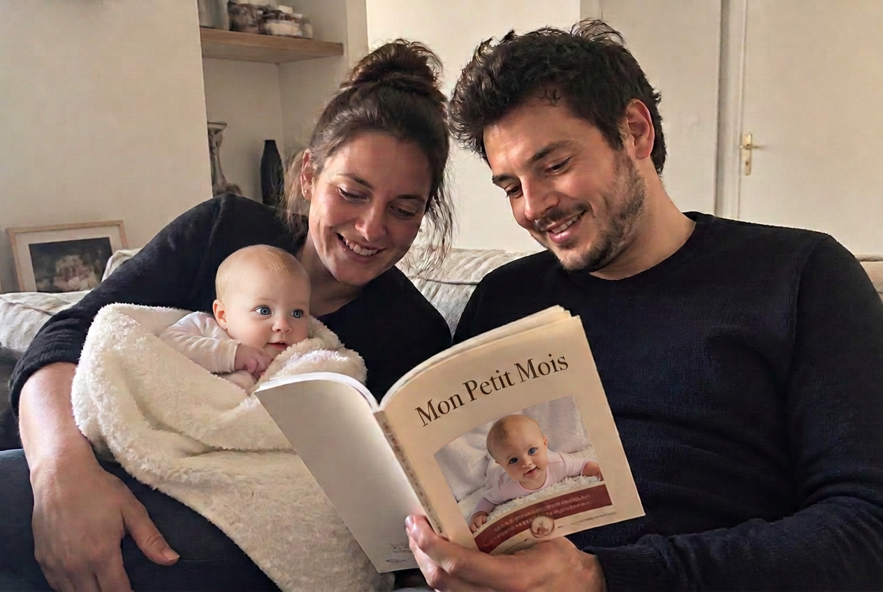 De jeunes parents avec leur nouveau-né feuilletant leur magazine Mon Petit Mois