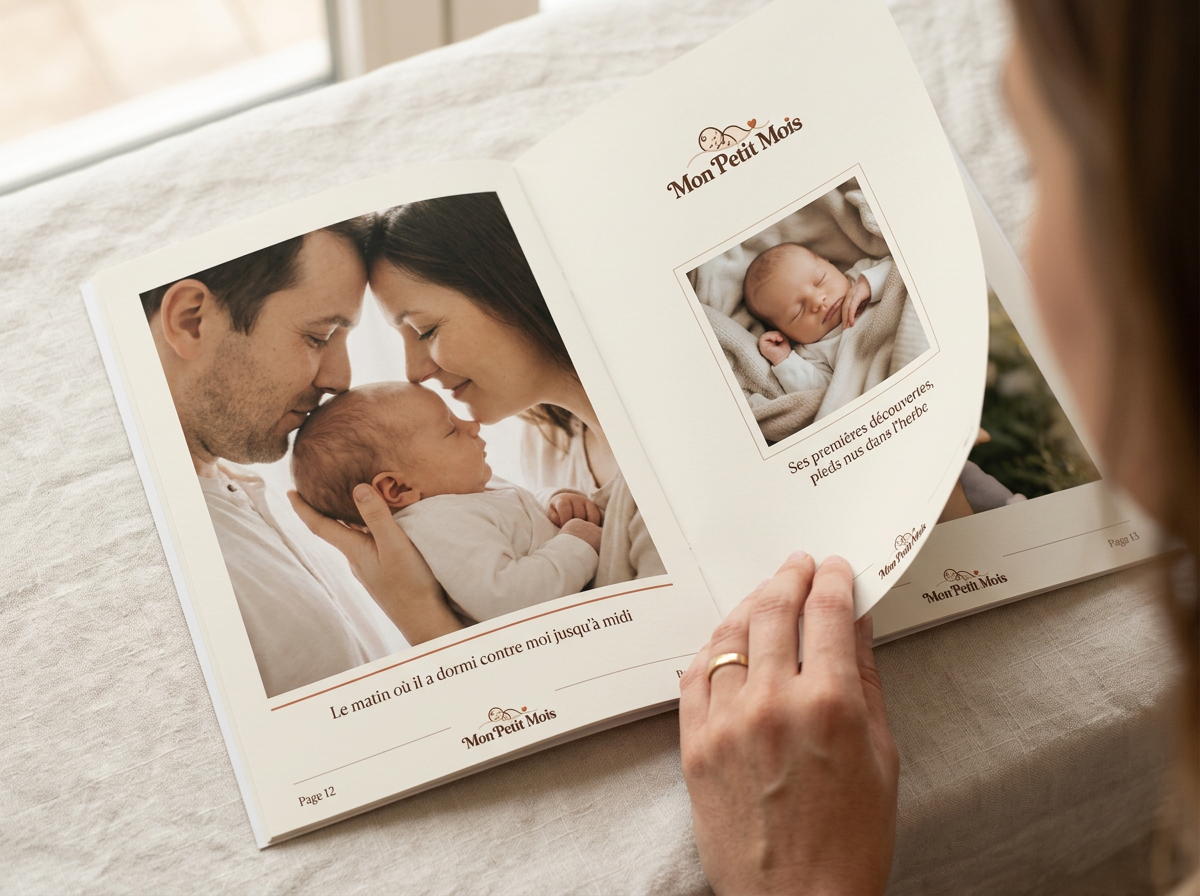 Pages intérieures d'un magazine Mon Petit Mois avec des photos de bébé