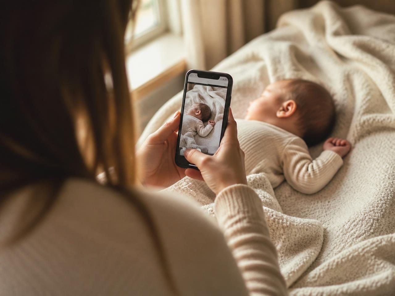 Un parent prend une photo de son bébé avec son téléphone